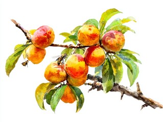 Peach Tree Branch Laden With Ripe Fruits And Hovering Bee Under Warm Subtle Sunset Glow On White Background