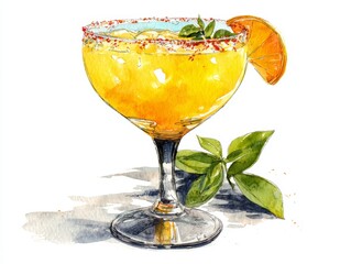 Refreshing mango margarita cocktail with chili salt rim and orange garnish on outdoor bar counter with clean white background