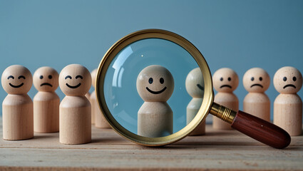 Magnifying glass focusing on happy wooden figure among unhappy ones
