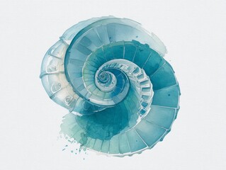 Obraz premium Spiraling Seashell Staircase Inside Coastal Lighthouse With Airy Aquamarine Gradient Background And White Interior Surroundings