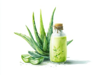 Soft watercolor depiction of aloe vera plant beside soothing after-sun lotion bottle against a white background with refreshing green hues