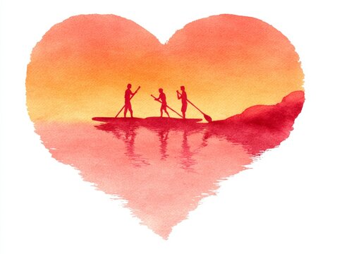 Sunset paddleboarders forming heart shape silhouette over warm coral gradient clean lines background scene