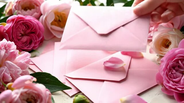 Pink envelopes surrounded by pink roses and petals creating a soft and romantic scene