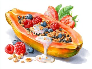 Vibrant Tropical Breakfast Bowl With Papaya Filled With Yogurt Granola And Fresh Berries On White Background