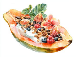 Vibrant tropical breakfast in a papaya shell with creamy yogurt granola and assorted fresh berries on white background