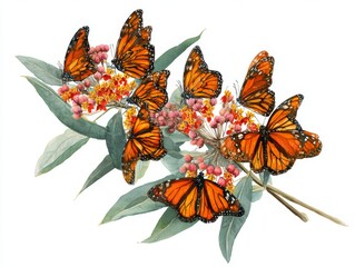 Vibrant watercolor illustration of monarch butterflies resting on blooming milkweed flowers in a summer meadow setting