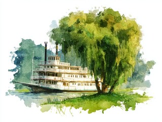 Vintage paddlewheel riverboat cruise passing willow trees on a serene waterway watercolor wash on white background