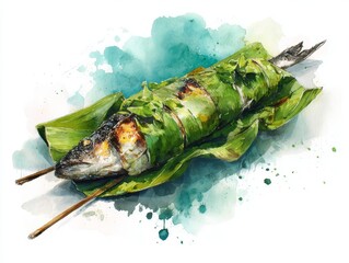 Vibrant watercolor hot grilled fish wrapped in banana leaf served on pristine sandy beach with smoky aqua contrasted white background