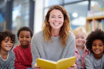 A smiling teacher reads a captivating story to a diverse group of happy young children in a bright classroom.