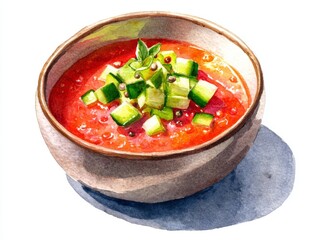 Watercolor illustration of a bowl of chilled tomato gazpacho soup garnished with diced cucumber and red pepper slices