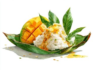 Watercolor depiction of Thai mango sticky rice with fresh mango slices on a banana leaf background