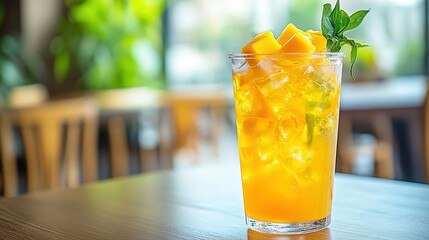 Mango iced drink with mango cubes and green leaves in transparent cup