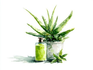 Watercolor Illustration Of A Fresh Green Aloe Vera Plant Next To A Soothing After Sun Lotion Bottle On A White Background