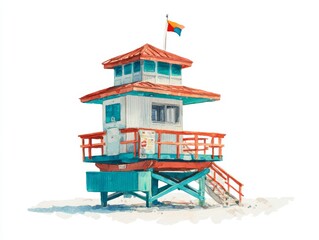 Watercolor Blue Beach Ambiance Featuring Retro Teal Coral Lifeguard Tower with Fluttering Flag