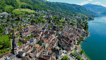 An Panoramic aerial of the old town of the city Zug in Switzerland on a sunny day in summer	