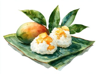Watercolor depiction of mango sticky rice dessert on banana leaf platter