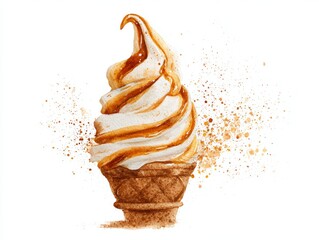 Watercolor illustration of a soft cinnamon churro topped with creamy melting swirl on white background