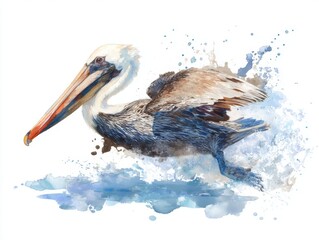 Watercolor illustration of a pelican diving beak first toward fish with splashes in a dynamic coastal shoreline scene with loose strokes