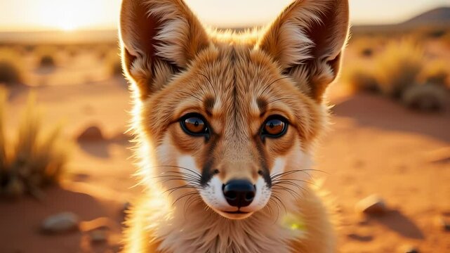 Enchanting portrait of a desert fox with bright eyes staring intently in its natural habitat at sunset, showcasing wildlife.