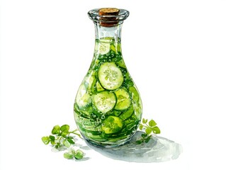 Watercolor illustration of refreshing chilled cucumber water in glass carafe with condensation droplets on white background