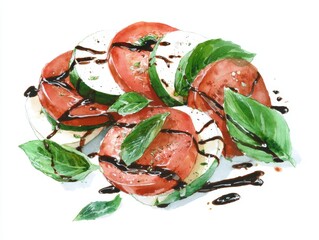 Watercolor illustration of sliced Caprese salad with fresh mozzarella, tomato, and basil leaves loosely arranged with balsamic vinegar drizzle