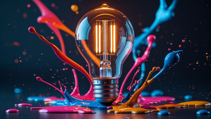 Light bulb shining with colorful paint splashing around it