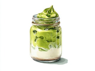 Watercolor illustration of refreshing iced matcha dalgona swirl with oat milk in glass jar on clean white background