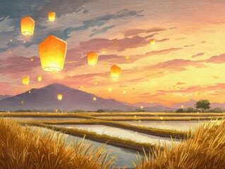 Watercolor illustration of sky lanterns drifting above verdant rice terraces at sunset with serene amber glow