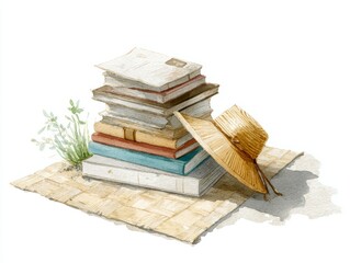 Watercolor illustration of stacked mystery novels beside a straw picnic mat on a clean white background