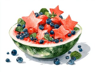 Watercolor illustration of watermelon rind bowl filled with fruit salad stars and blueberries on white background with patriotic picnic vibe