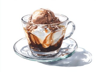 Watercolor portrayal of espresso affogato dessert with creamy melting gelato swirl and cocoa dusting on white background