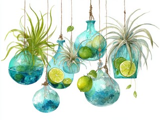 Watercolor illustration showing multiple hanging glass terrariums filled vibrant green air plants swaying gently on balcony railing with soft lime teal color palette