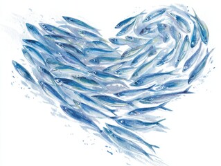 Watercolor School of Small Sardines Forming a Shimmering Heart in Underwater Scene with Gleaming Silvery Strokes