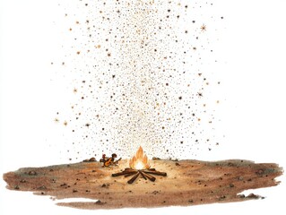 Watercolor scene of friends playing guitar around warm beach campfire with sparks ascending into starry night sky