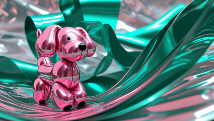 Pink inflatable dog walking on abstract turquoise ribbons