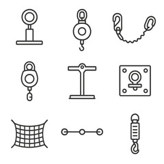 Scaffold Safety Icons. Outline icon set of Scaffold Fall Protection Systems: lifeline anchor, personal fall limiter,