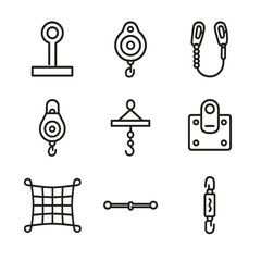 Scaffold Safety Icons. Outline icon set of Scaffold Fall Protection Systems: lifeline anchor, personal fall limiter,