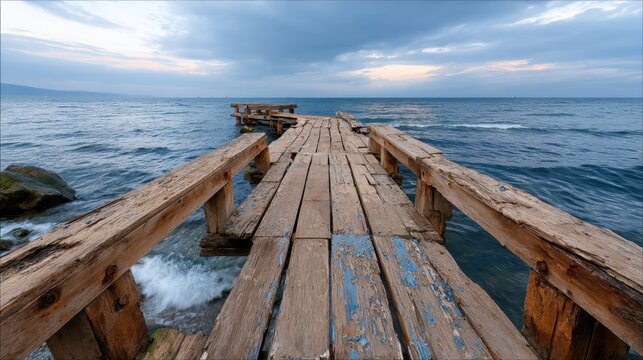 Weathered wooden pier extending into the tranquil sea at dusk