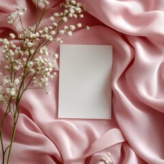 Blank invitation card on pink linen textile surrounded dried flowers and pampas grass, Boho invitation card mockup