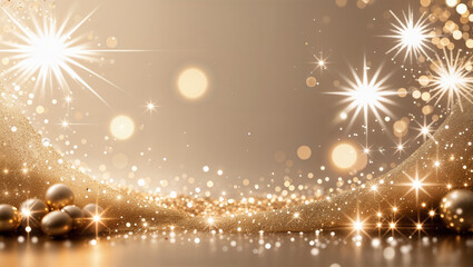 Golden christmas background shining with sparkling lights and decorations
