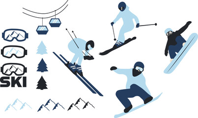 Modern flat vector set winter sports elements: snowboarders,ьskiers, mountain contours, ski lifts, fir trees, mountain reflection. Minimal blue-toned palette, perfect for posters, seasonal graphics.
