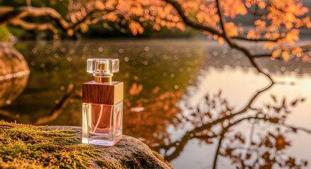 An elegant perfume bottle resting on mossy stone with a blurred lake and colorful foliage in the background showcases a natural beauty.