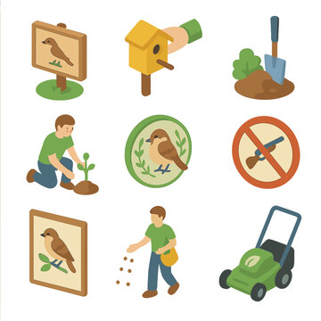 Sparrow Conservation Icons. Isometric Flat icon set of sparrow conservation efforts: bird sanctuary sign, nesting box installation