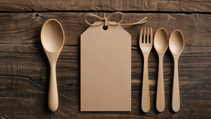 Wooden cutlery and blank label resting on rustic table