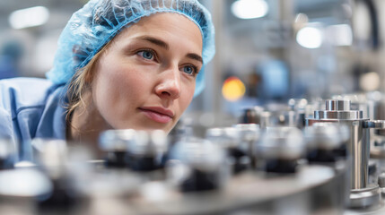 Close-up of woman technician performing equipment inspection in sterile and well-lit manufacturing plant, professional and technical scene