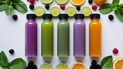 Colorful detox juices in bottles with fresh fruits and herbs surrounding