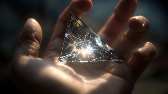 Hand Holding a Cracked Glass Pyramid Catching Sunlight, Reflection and Refraction Effects