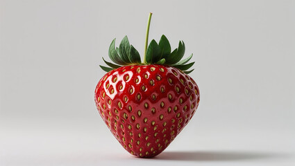 Fresh ripe strawberry standing on white background with green leaves