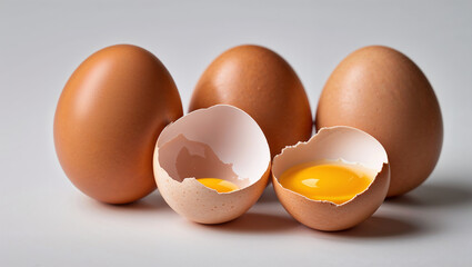 Broken and whole brown eggs showing yolk and shell on white background