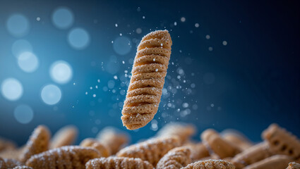 Crunchy snack falling onto a pile with powdered sugar and bokeh effect